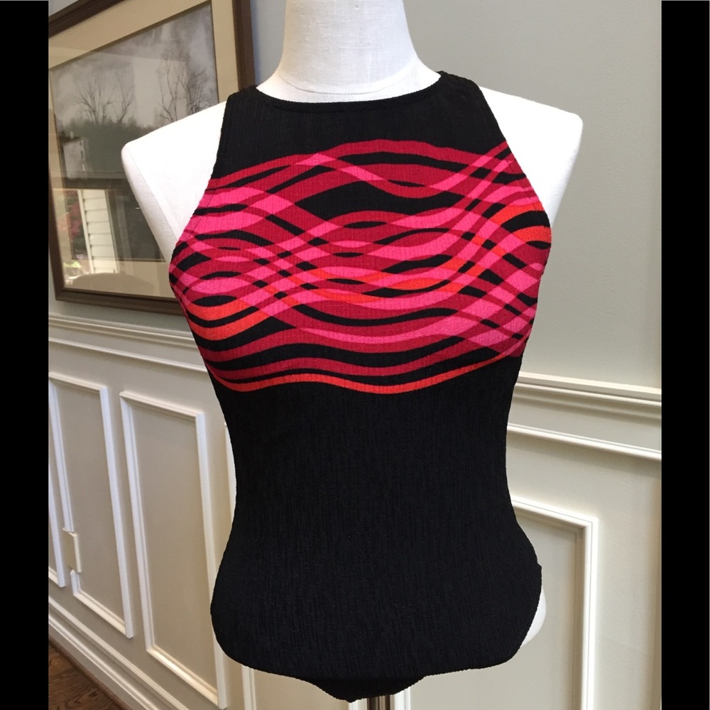 EUC Jantzen Black One-Piece Swimsuit with Pink and Red Wave Print